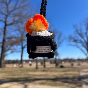Dumpster Feuer Spiegel Aufhänger, gehäkeltes Dumpster Feuer, Autozubehör, gehäkeltes Geschenk, lustiges Dekor, handgemachtes Geschenk, emotionales Support Dumpster Feuer