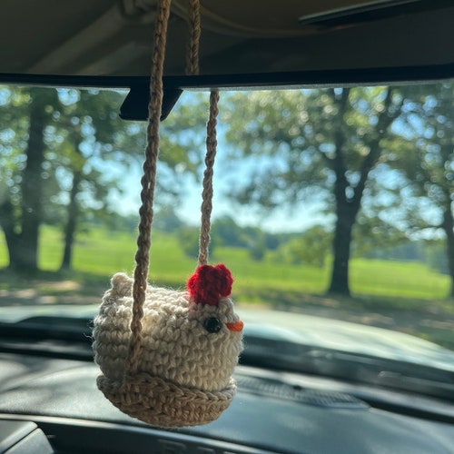 Crochet Chicken on a Swing Car Mirror Hanger, Rearview Mirror
