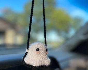 Crochet Ghost on Swing, Handmade crochet Car Rearview Mirror Hanger, ghost on a swing, crochet ghost, halloween ghost, snapchat ghost, gift