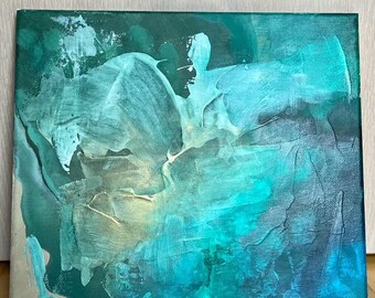 May include: Abstract painting on canvas with shades of green, blue, and white. The paint is applied in a thick, textured style, creating a dynamic and expressive piece.
