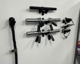 May include: A set of black and silver exercise equipment hanging on a white wall. The equipment includes a rope, a pull-up bar, and two sets of weightlifting handles.