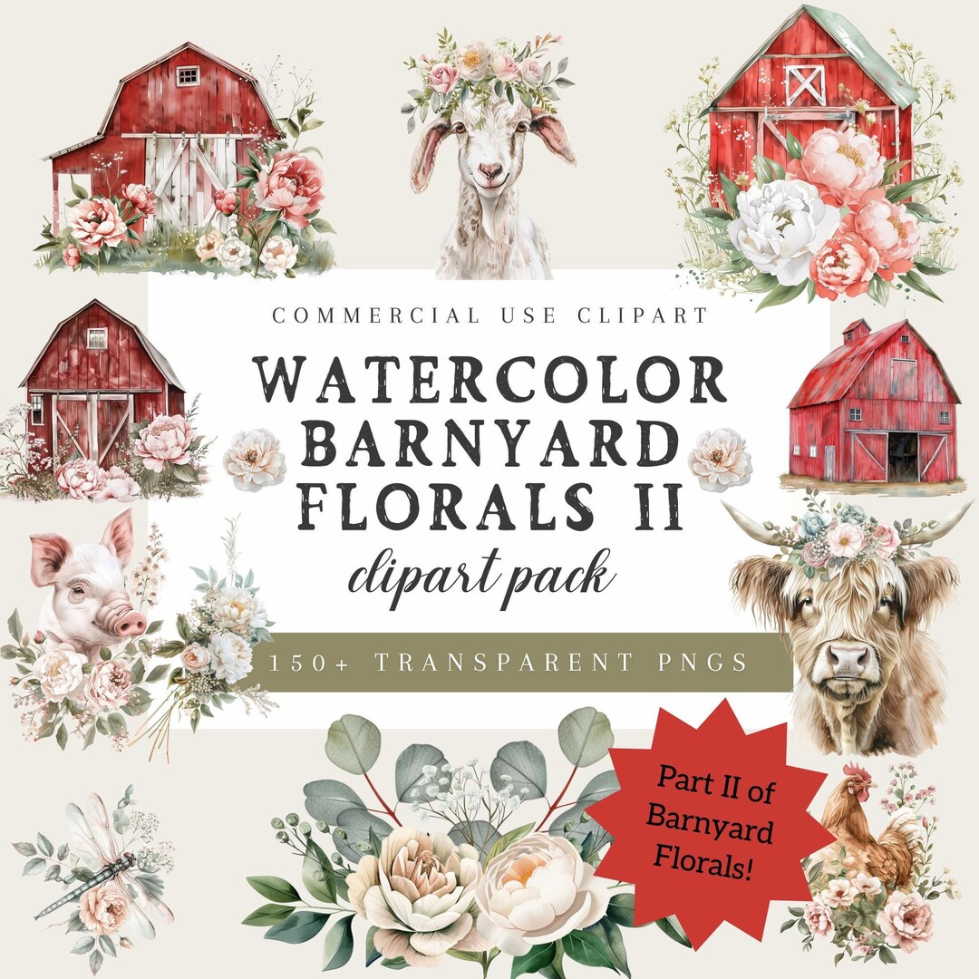 Floral Farm Animal Clipart | Watercolor Cow, Pig, Chicken | Rustic ...