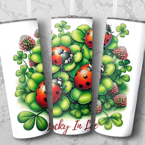 Diseño de envoltorio digital para vaso con diseño de mariquita y trébol, diseño Lucky in Love, envoltorio digital inspirado en la naturaleza, patrón de envoltorio lindo y colorido