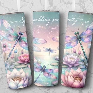 Digitale beker wrap ontwerp met libelbloemen, glitter sprankelende sereniteit, lotusvijver beker wrap, instant download
