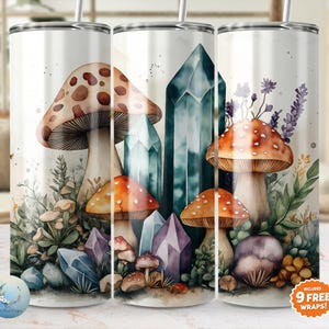 Tumbler in cristallo a forma di fungo Boho, design a sublimazione, download digitale, tumbler sottile PNG, tumbler fai da te, regalo unico per lei