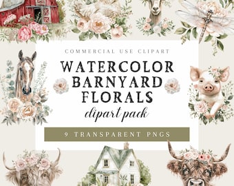 Clipart animaux de la ferme à l'aquarelle | Animaux de la basse-cour rustiques PNG | Pastel floral de vache, de porc, de poulet, de chèvre, de grange | Téléchargement numérique à usage commercial