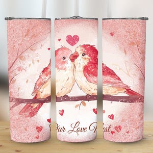 Envoltura para vaso con bonitos pájaros enamorados, descarga digital, diseño romántico para San Valentín, aniversario, parejas, vaso para sublimación