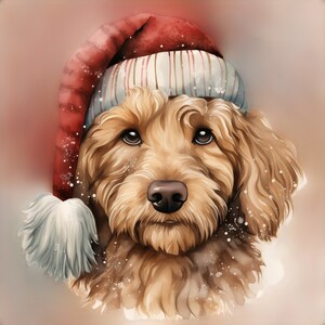Image clipart numérique Goldendoodles de chiot festif en bonnet de Noel célébrant la saison avec un adorable chien de Noël pour cartes, tasses, chemises