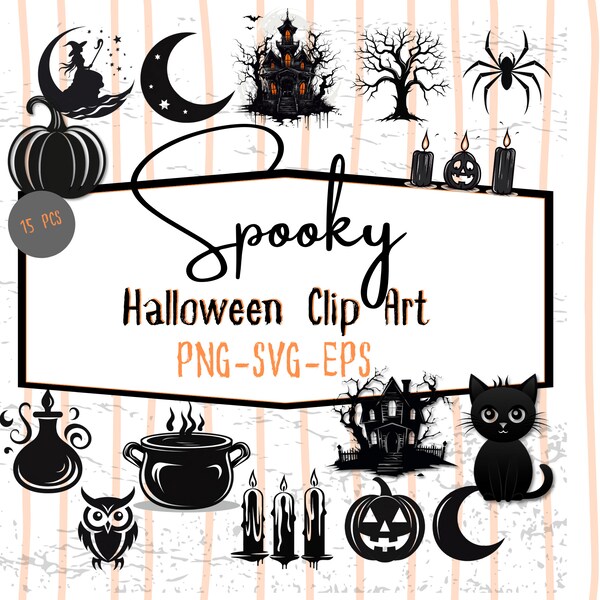 Halloween Clip Art Witch, Pumpkin, Spider, Haunted House, PNG SVG EPS Instant Download for Crafts, T-Shirts, Scrapbooking Clipart