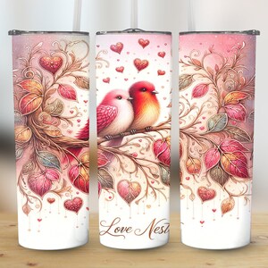 Diseño de pareja de pájaros enamorados, vaso delgado de 20 oz, lindos corazones románticos, sublimación PNG digital, descarga instantánea