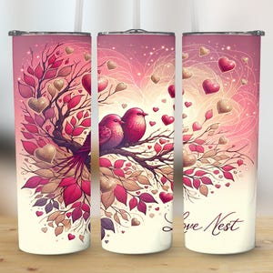 Envoltorio para vaso digital con diseño de pájaros en forma de nido de amor y tema de San Valentín, diseño de árbol en forma de corazón para manualidades de bricolaje, envoltorio romántico para taza en color rosa y dorado