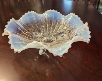 Northwood Poinsettia Lattice Bowl in White Opalescent Glass