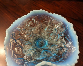 Antique Dugan Question Marks Card Tray in Blue Opalescent Glass