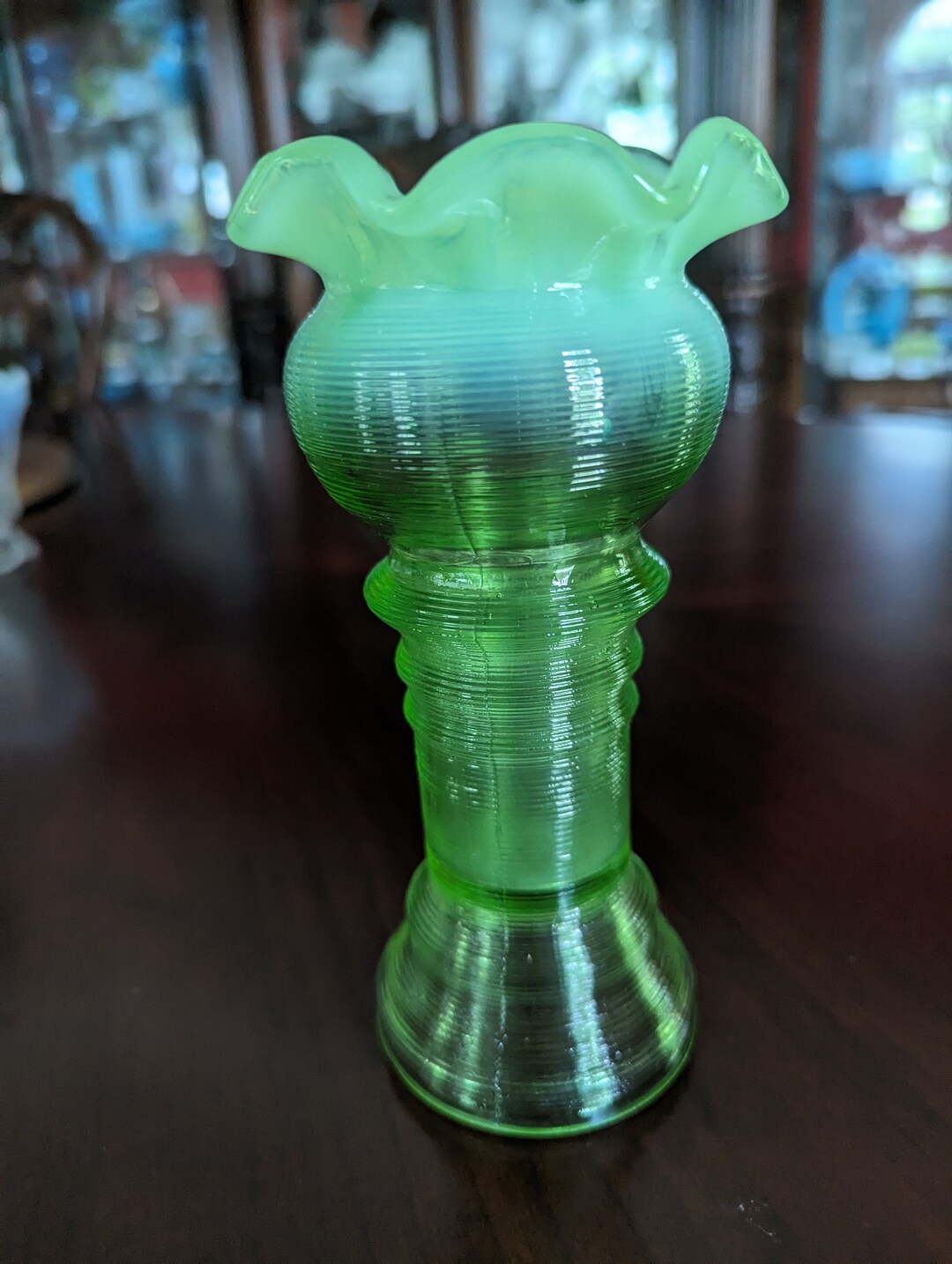 Antique Green Opalescent Glass Jefferson Spool Vase Etsy