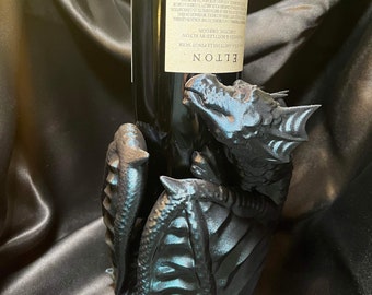 3D Printed Dragon Wine Bottle Holder - Burnt Titanium Display
