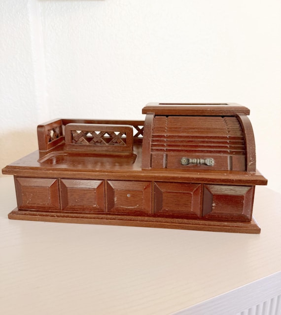 Vintage Wood Valet Roller Top Desk Jewelry Organizer