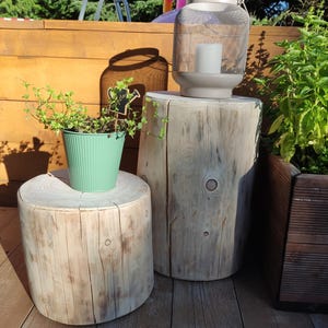 Könnte beinhalten: Eine rustikale Außenszene mit drei Holztisch-Baumstümpfen. Eine kleine grüne Topfpflanze steht auf dem kleinsten Stumpf. Eine Metalllaterne mit einer Kerze im Inneren ruht auf einem größeren Stumpf. Die Szene spielt auf einer Holzterrasse.