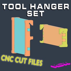 Puede incluir: Archivos de corte CNC para un juego de colgadores de herramientas. El juego incluye dos piezas, una es un rectángulo alto y estrecho con un interior azul claro y la otra es un rectángulo más corto y ancho con un interior naranja claro. Ambas piezas tienen ganchos amarillos.