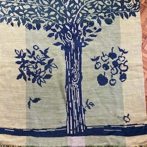 Puede incluir: Una manta tejida con un diseño de árbol en azul marino, verde y beige. El tronco y las ramas del árbol son azul marino, con hojas y frutos verdes. La manta tiene un borde con flecos.