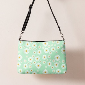 Bolso Daisy verde claro / Monedero retro Daisy / Monedero floral hippie / Monedero crossbody Cottagecore, Bolso de cuero vegano retro de los años 70