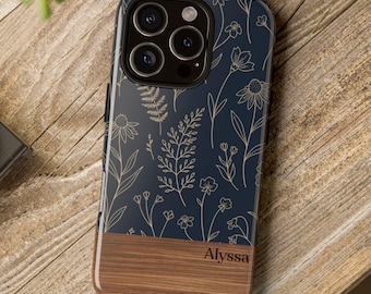 Personalized Floral Phone Case, Custom Name Tough Cases, Wood Grain, Dark Blue, iPhone, Samsung Galaxy, Google Pixel Case,