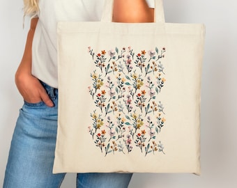 Wildflower Canvas Tote Bag: Återanvändbar shoppingväska med vintagemotiv och blommönster