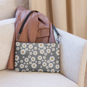 Graue Gänseblümchen-Tasche | Gänseblümchen Retro Geldbörse | Hippie Blumen Geldbörse | Pastell Blümchen Tasche, Retro 70er Jahre Vegan Ledertasche