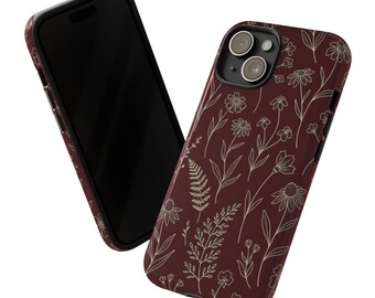 Funda resistente para teléfono con diseño floral, color rojo oscuro y amarillo.