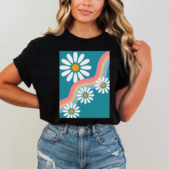 Rainbow Daisy Tee: Organic Cotton Groovy 70s Shirt