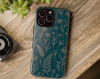 Funda resistente para teléfono con estampado floral color verde azulado, resistente a impactos