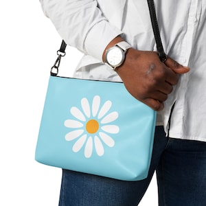 Bolso Daisy azul cielo para primavera / Monedero Daisy retro / Monedero floral minimalista / Monedero crossbody Cottagecore, Bolso de cuero vegano retro de los años 70