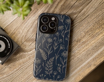 Funda resistente para teléfono con diseño floral, color azul oscuro y amarillo.