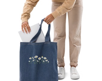 Embroidered Daisy Organic Denim Tote Bag: Reusable Grocery Bag