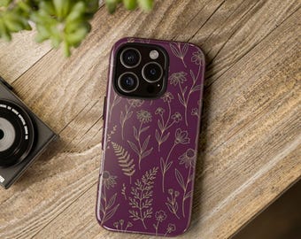 Funda resistente para teléfono con diseño floral, flores moradas y amarillas