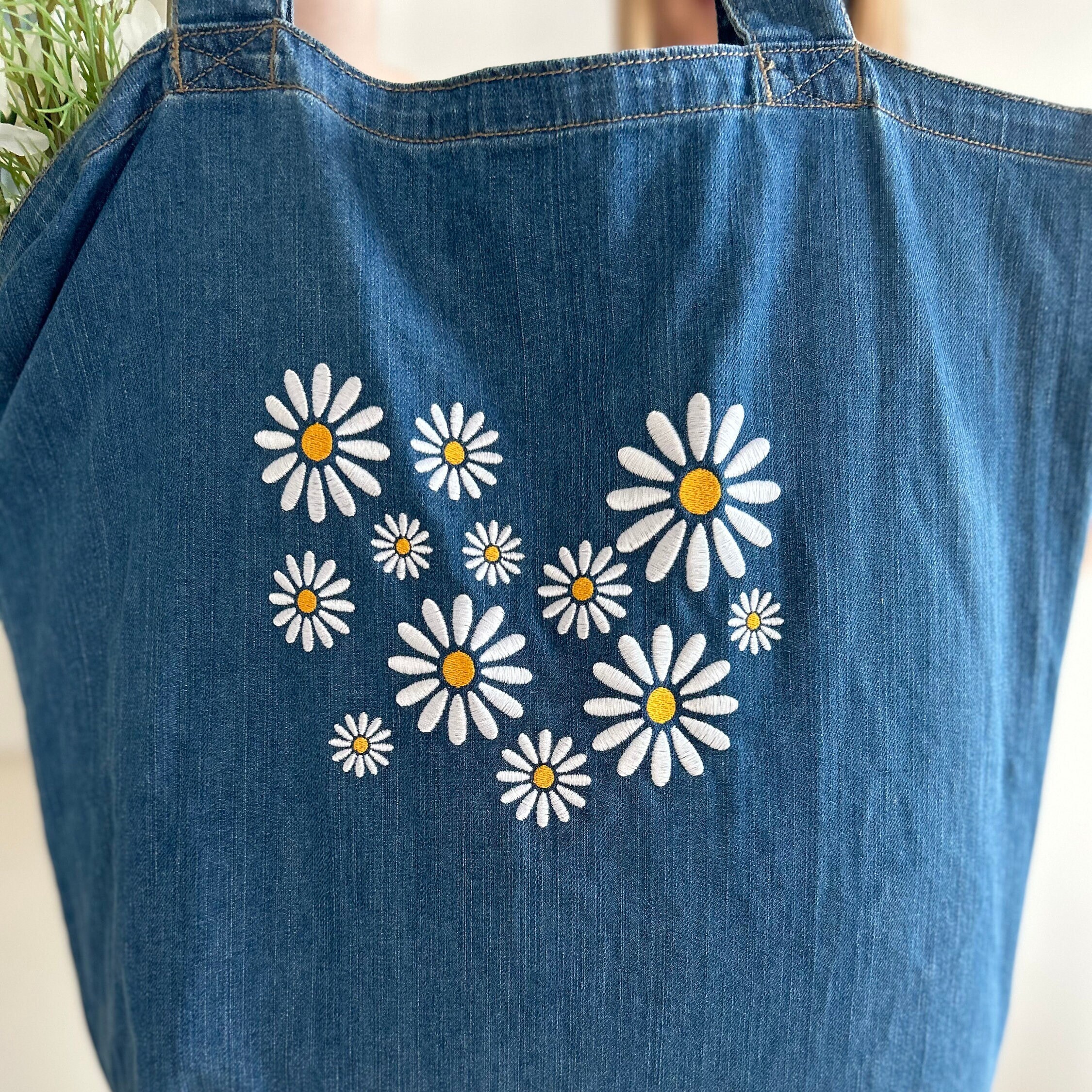 トートバッグ [Planforotherday] DAISY BAG Embroidered Daisy Tote Bag,linen Tote Bags for Women