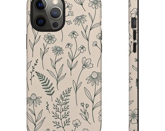 Funda resistente para teléfono con diseño floral, flores verde oscuro y amarillas