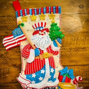 Handmade Finished 18&quot; Bucilla Christmas Stocking “Stars and Stripes Santa”