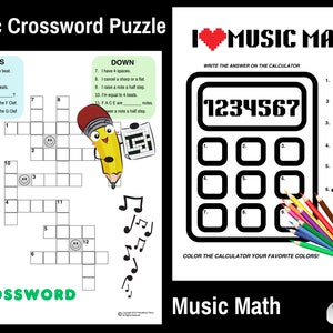 May include: A printable worksheet for children to learn about music. The worksheet features a crossword puzzle with music-related terms and a calculator with musical notes to add up. The worksheet is titled "Music Crossword Puzzle" and "I Love Music Math".