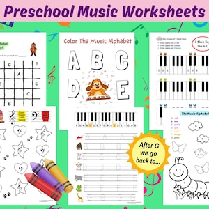 Preschool Music Worksheets, Preschool Piano Lessons, Preschool Theory, Music Alphabet, Preschool Treble and Bass Clef, Music Coloring Pages