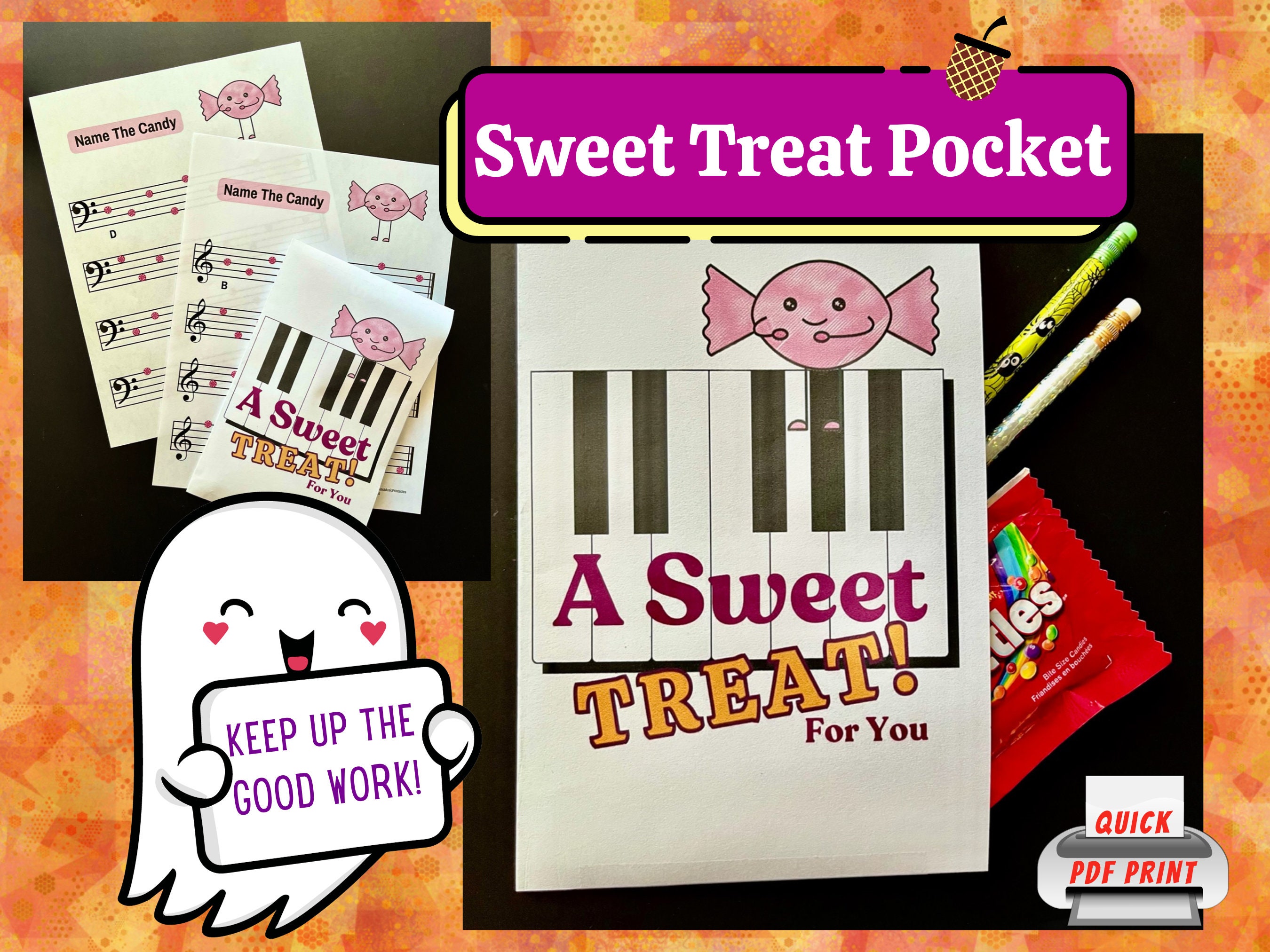 Music Pocket For A Sweet Treat! Candy or Pencils, Piano Lessons, Music Class, Halloween Trick or Treat, Treble and Bass Clef Note Names, PDF