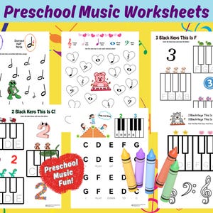 May include: A set of printable preschool music worksheets featuring piano keys, musical notes, and a turtle. The worksheets are designed to help children learn about music and the piano.