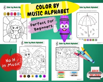 Color By Letter Music Alphabet, perfect for beginner piano lessons or music class. Piano theory worksheets to color, preschool piano lessons