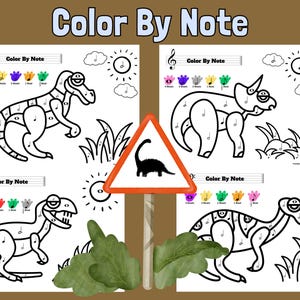 Music Color By Note, Dinosaur Color By Note, Color By Time Values, Kids Coloring Pages, Preschool Music Worksheets, Beginner Piano Lessons