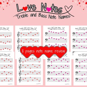 Hojas de trabajo con los nombres de las notas musicales de San Valentín, nombres de las notas de San Valentín, nombres de las notas en clave de sol y de fa, hojas de trabajo con la música de San Valentín, lecciones de piano