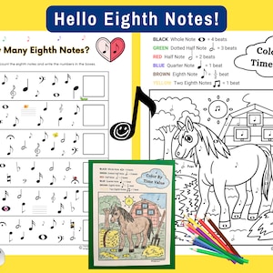 May include: A printable worksheet for learning music theory. The worksheet features a color-by-number activity with a horse, barn, and hay bale. The worksheet also includes a section for counting eighth notes. The text on the worksheet says "Hello Eighth Notes!" and "Color By Time Value".