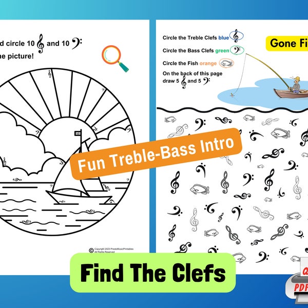 Find The Clefs, Fun Piano Intro To Learning Treble Clef and Bass Clef, Music Theory Printable, Beginner Piano Lessons, Preschool Piano