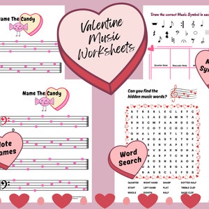 Hojas de trabajo de música para San Valentín, teoría musical para San Valentín, teoría de piano para San Valentín, hojas de trabajo de piano para principiantes, lecciones de piano, notas de San Valentín