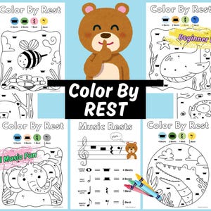 Op de afbeelding: Vijf afdrukbare kleurplaten met muzikale rusten. Elke pagina heeft een ander dier en een kleurcode per nummer. De pagina's zijn getiteld "Color By Rest" en bevatten de tekst "Beginner Piano" en "Preschool Music Fun".