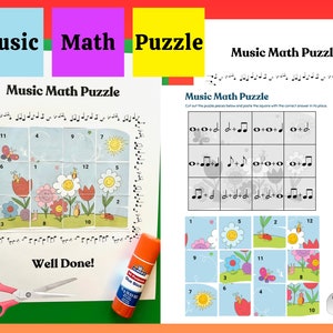 Puede incluir: Una hoja de trabajo de rompecabezas de matemáticas musicales imprimible con un tema de jardín colorido. El rompecabezas presenta una cuadrícula con notas musicales y números. Recorta las piezas del rompecabezas y pégalas en los cuadrados correctos. La hoja de trabajo también incluye un mensaje "¡Bien hecho!"