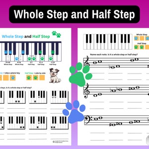 Peut inclure: Une feuille de travail imprimable avec un clavier de piano et des notes de musique. La feuille de travail est conçue pour enseigner la différence entre les tons entiers et les demi-tons en musique. La feuille de travail présente une illustration de chien et des empreintes de pattes.